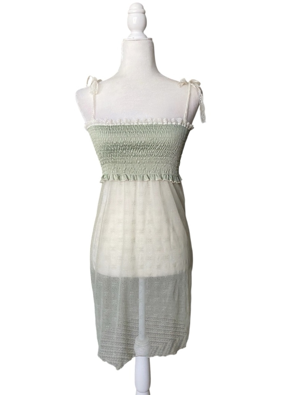 intimissimi Sage Green Smocked Top with Cream Lace Trim
